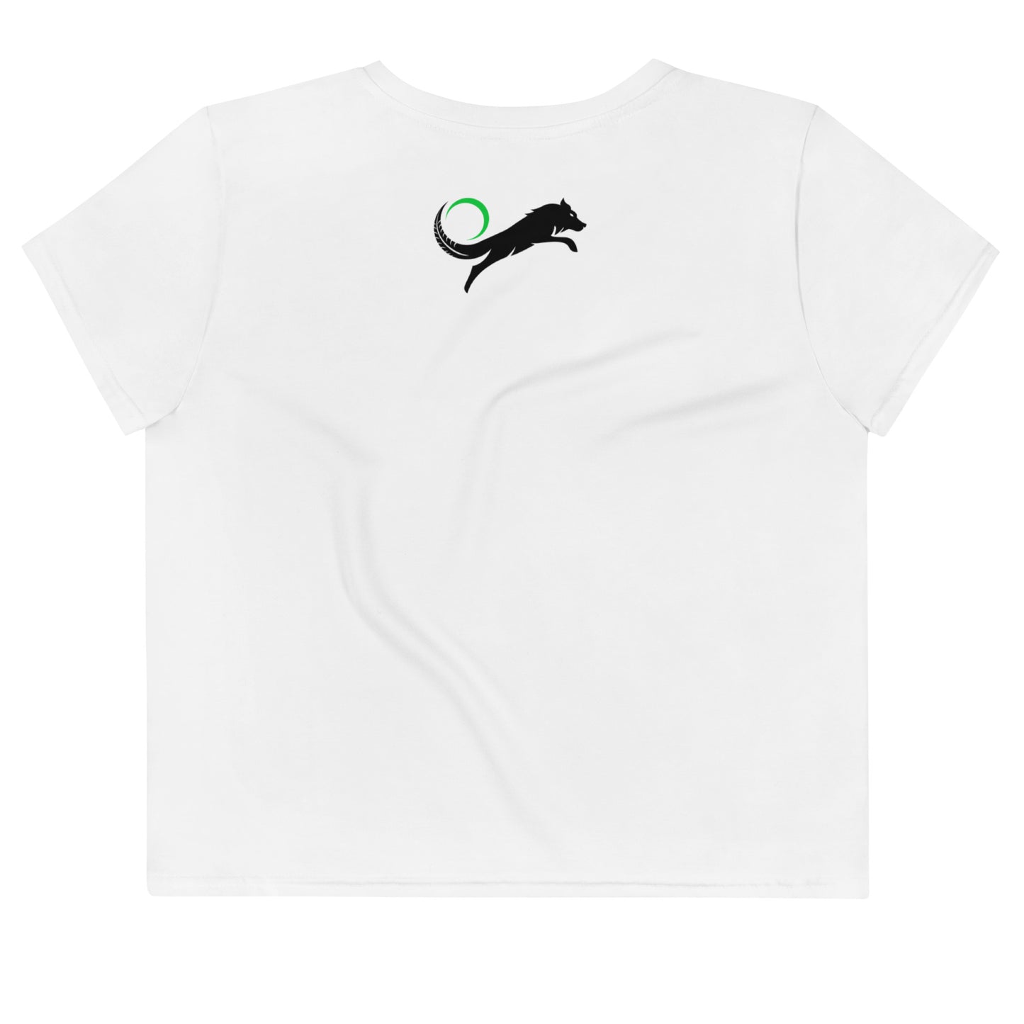 womens white crop top with black wolf logo on back