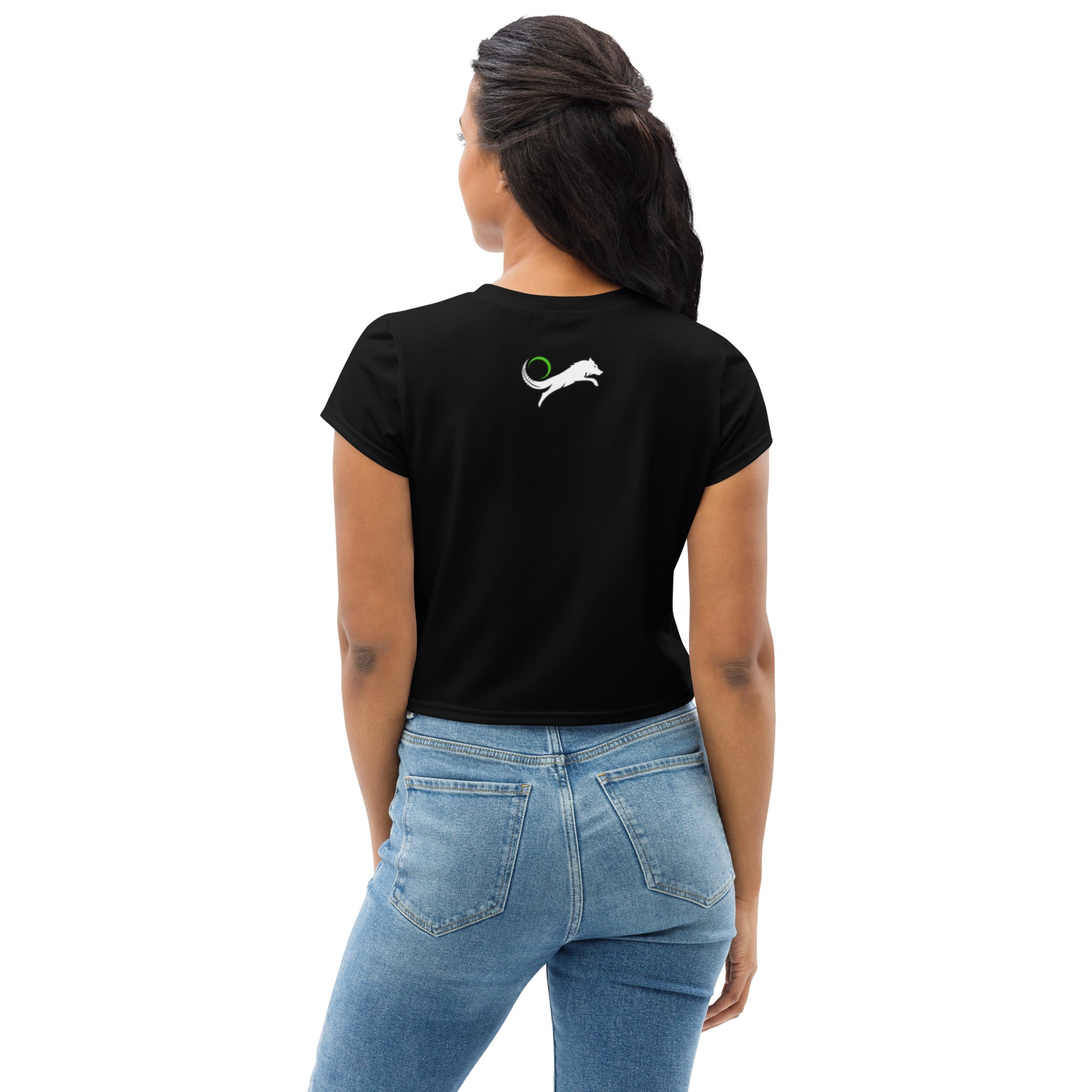 womens black athletic shirt with white wolf logo on back