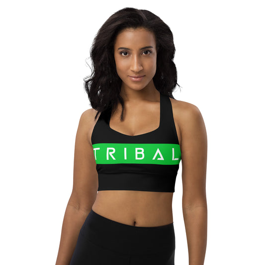 black sports bra with tribal in green and white