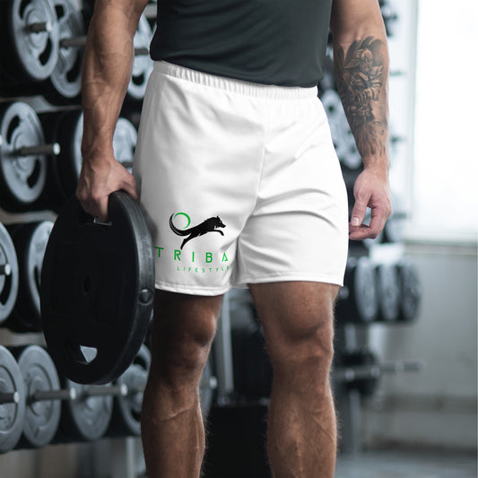 white gym shorts with tribal lifestyle logo on right thigh