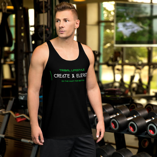 black gym tank with green and white text