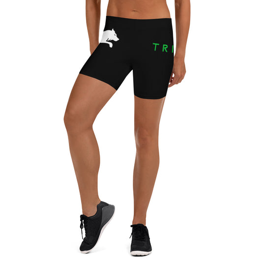 womens black performance short with white wolf logo on right hip and tribal on left hip