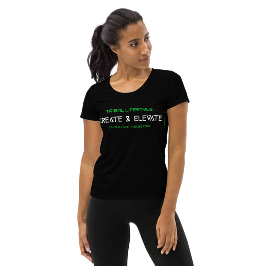 black athletic womens shirt with green and white text