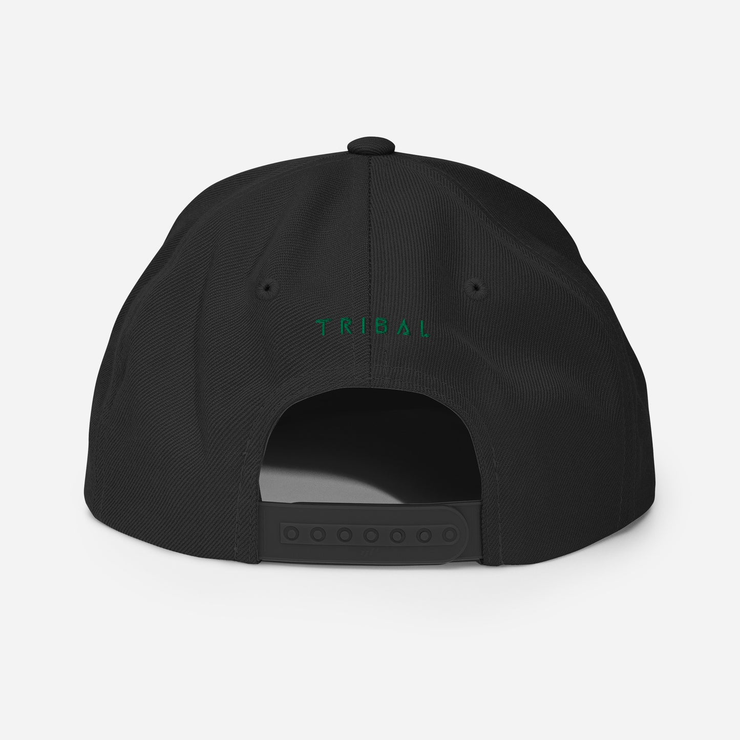 back of black snapback hat with tribal in green text