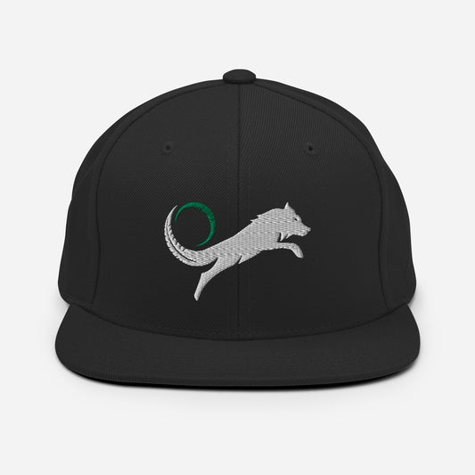 black snapback hat with white wolf logo