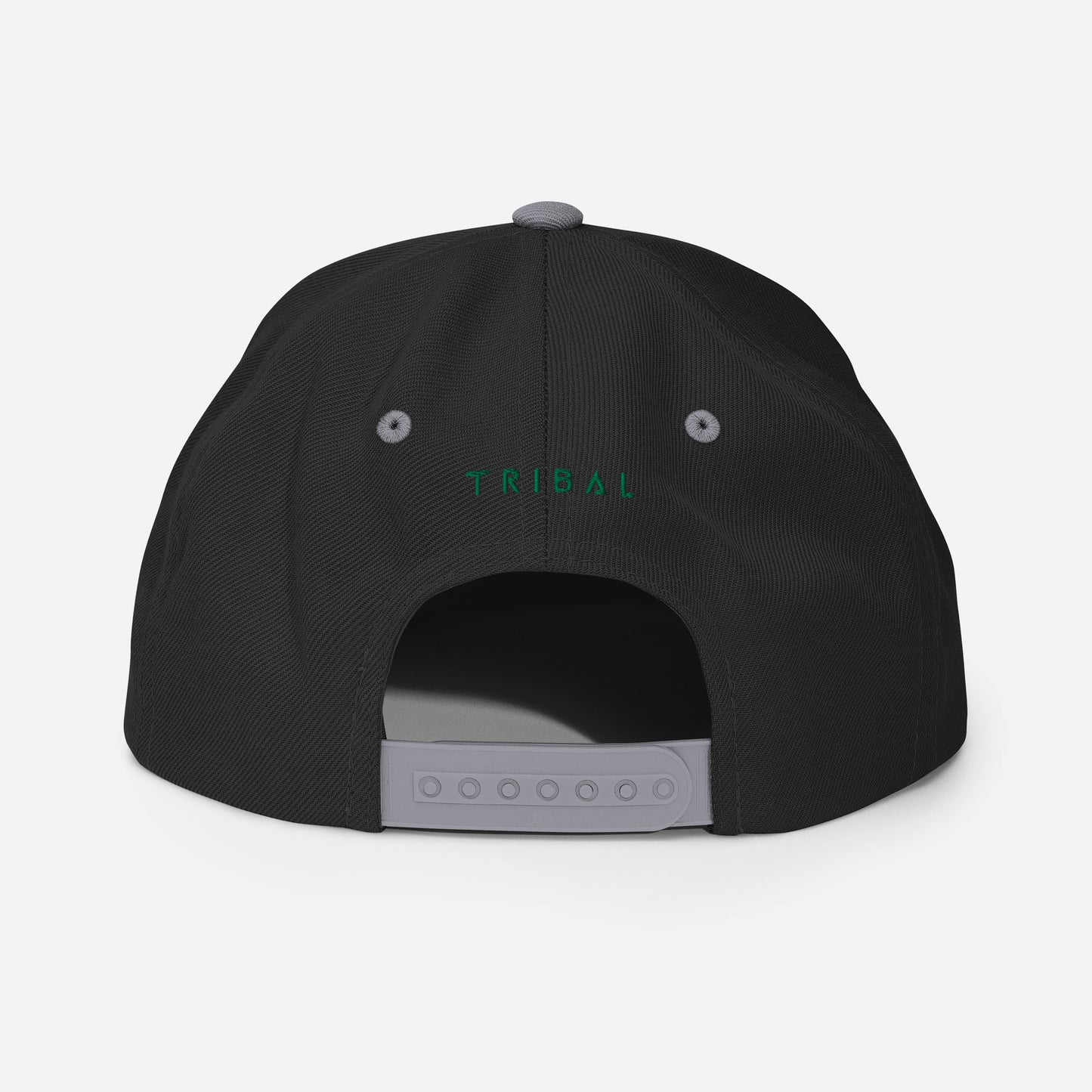 back of black and silver snapback hat with tribal in green text