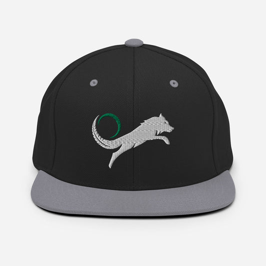 black and silver snapback hat with white wolf logo