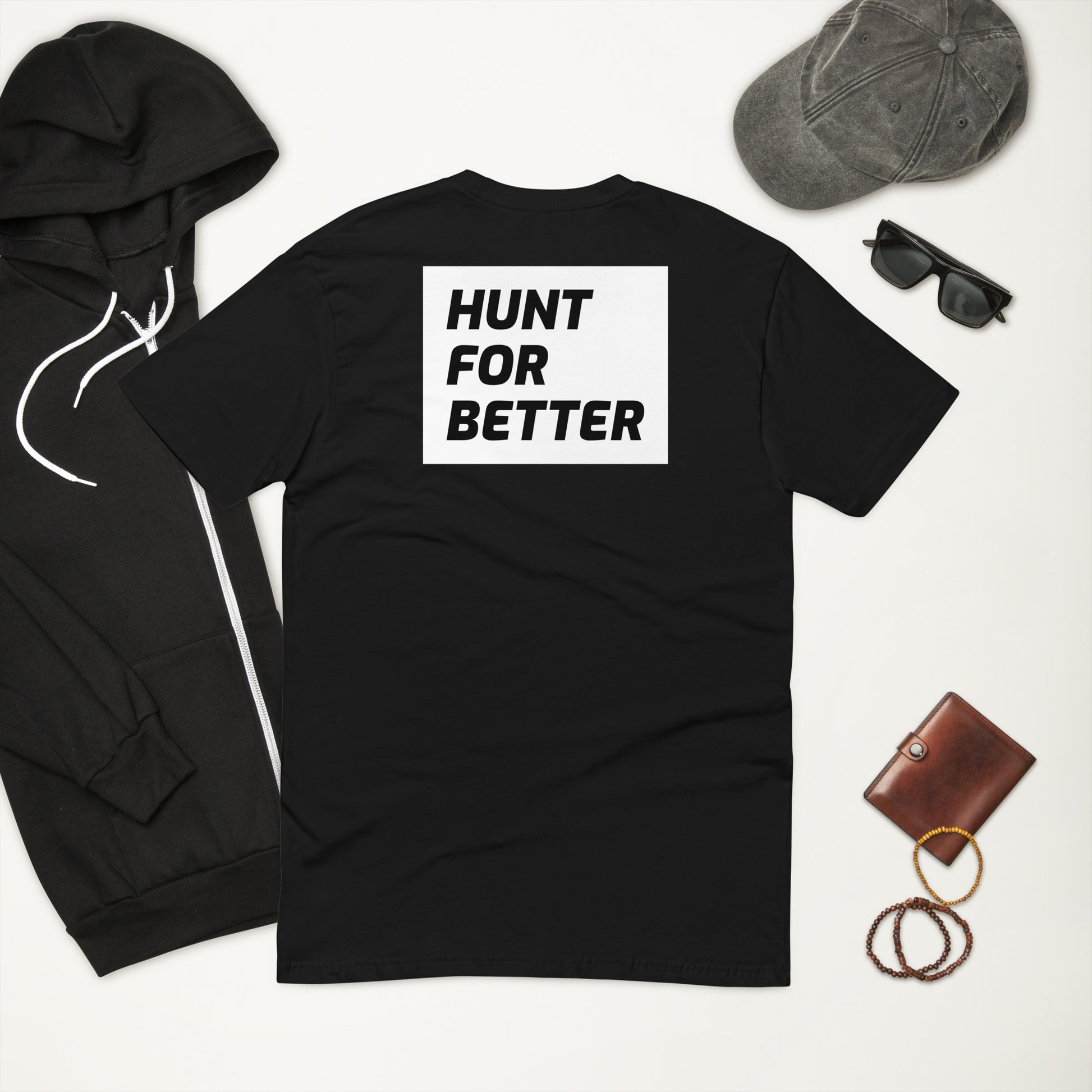 back of a mens black fitted t-shirt with hunt for better slogan