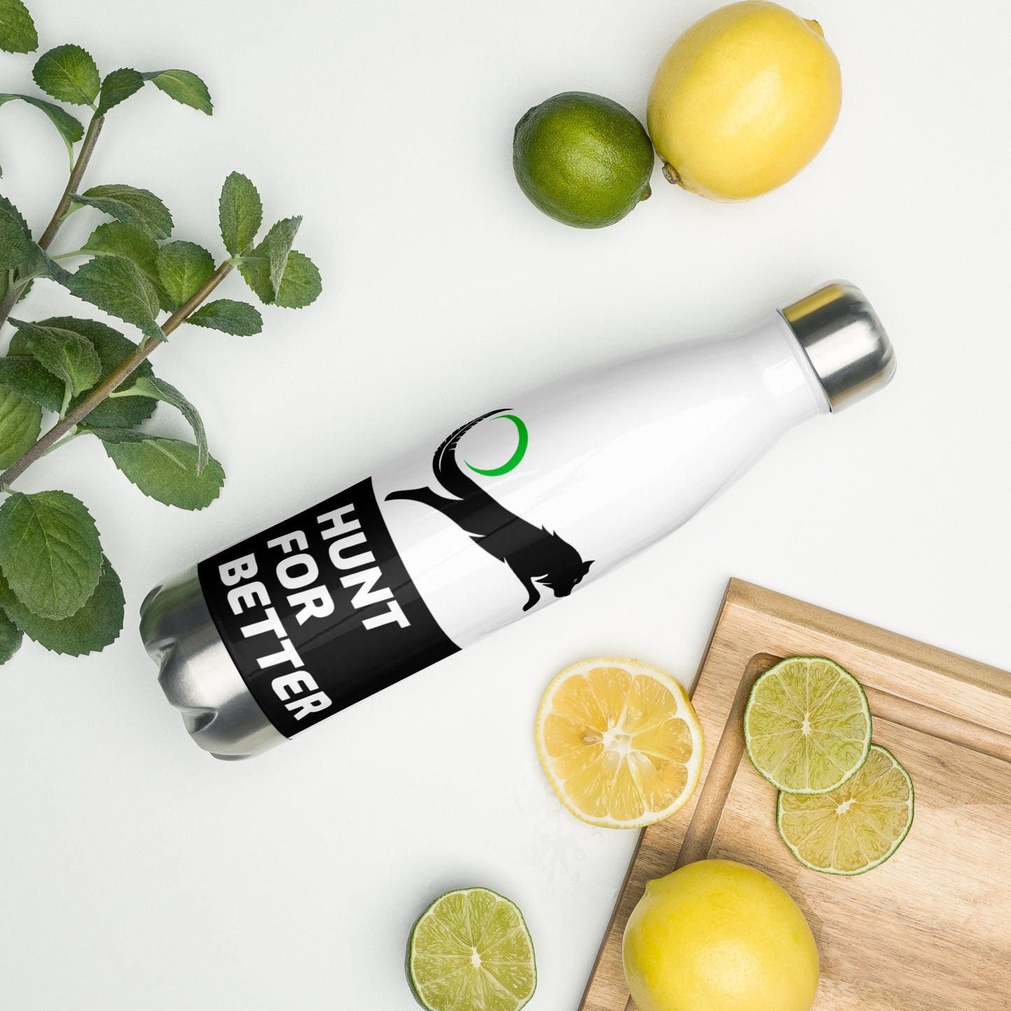 white water bottle with black wolf logo and hunt for better slogan
