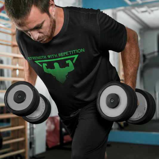 mens black athletic shirt with green text and design