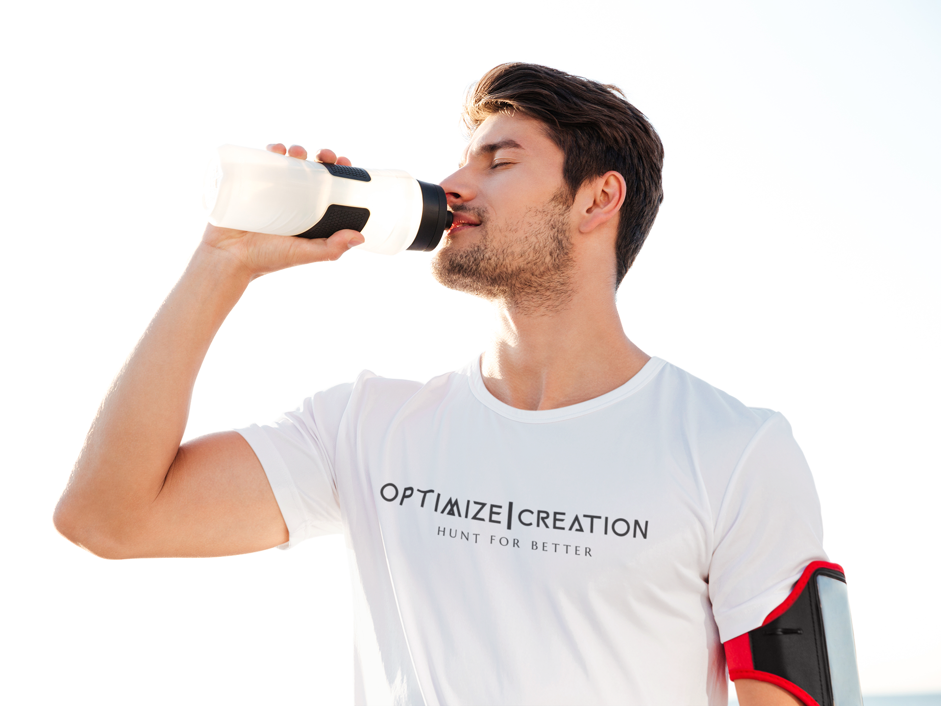 mens white athletic performance t-shirt with black text