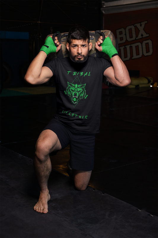 black workout t-shirt with green wolf face and green text
