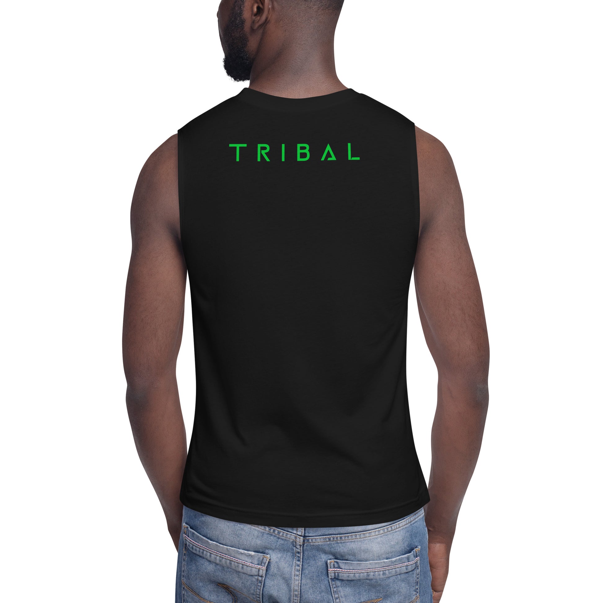 man posing the back of tribal mode muscle tank top shirt