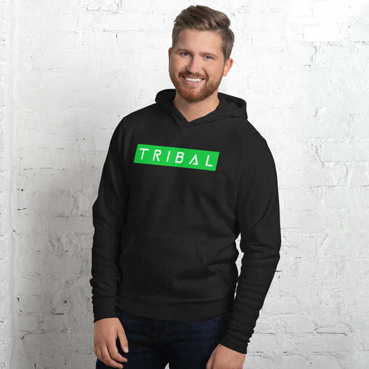 black pullover hoodie with tribal in green and white