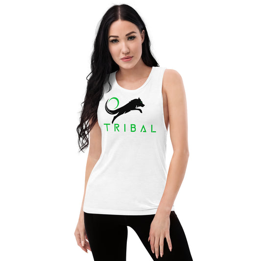 womens white muscle tank with black wolf logo and tribal in green text