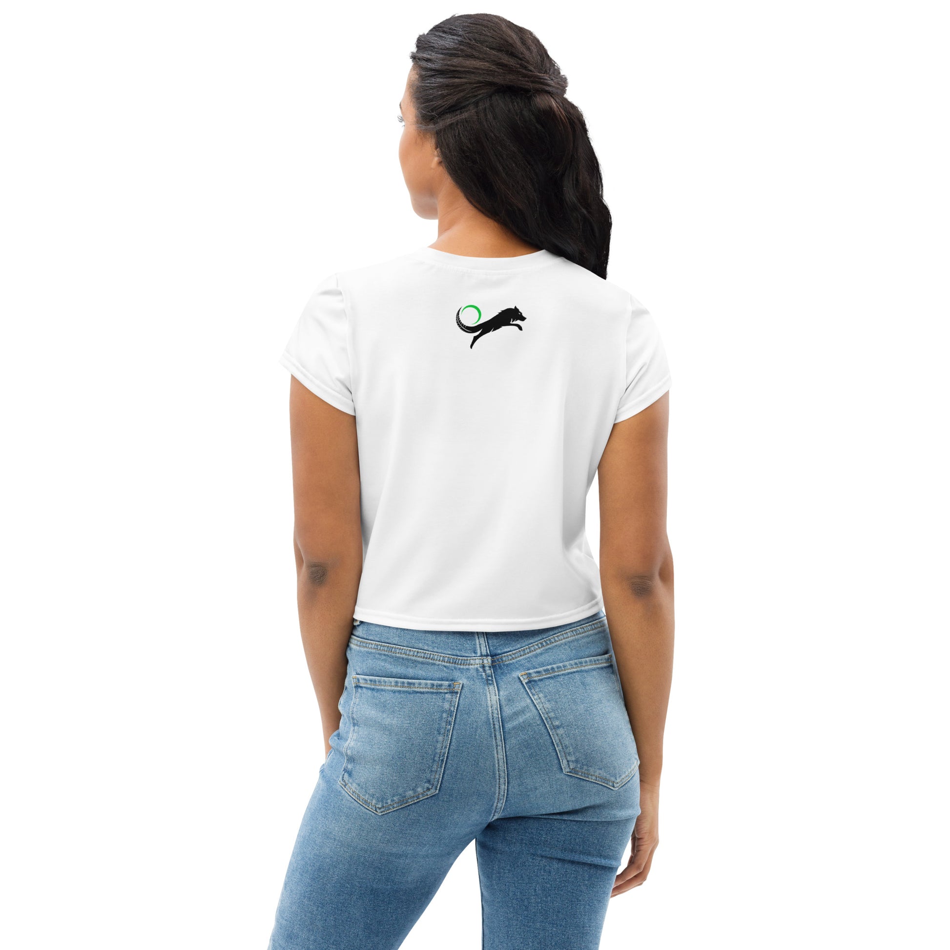 womens white crop top with black wolf logo on back
