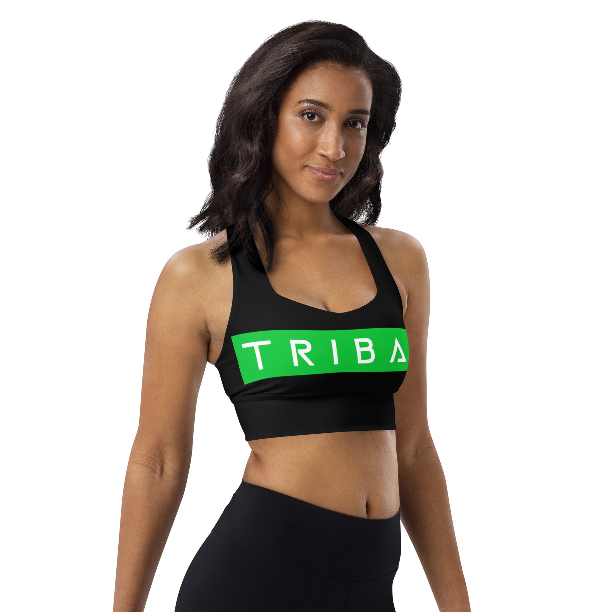 black sports bra with tribal in green and white 