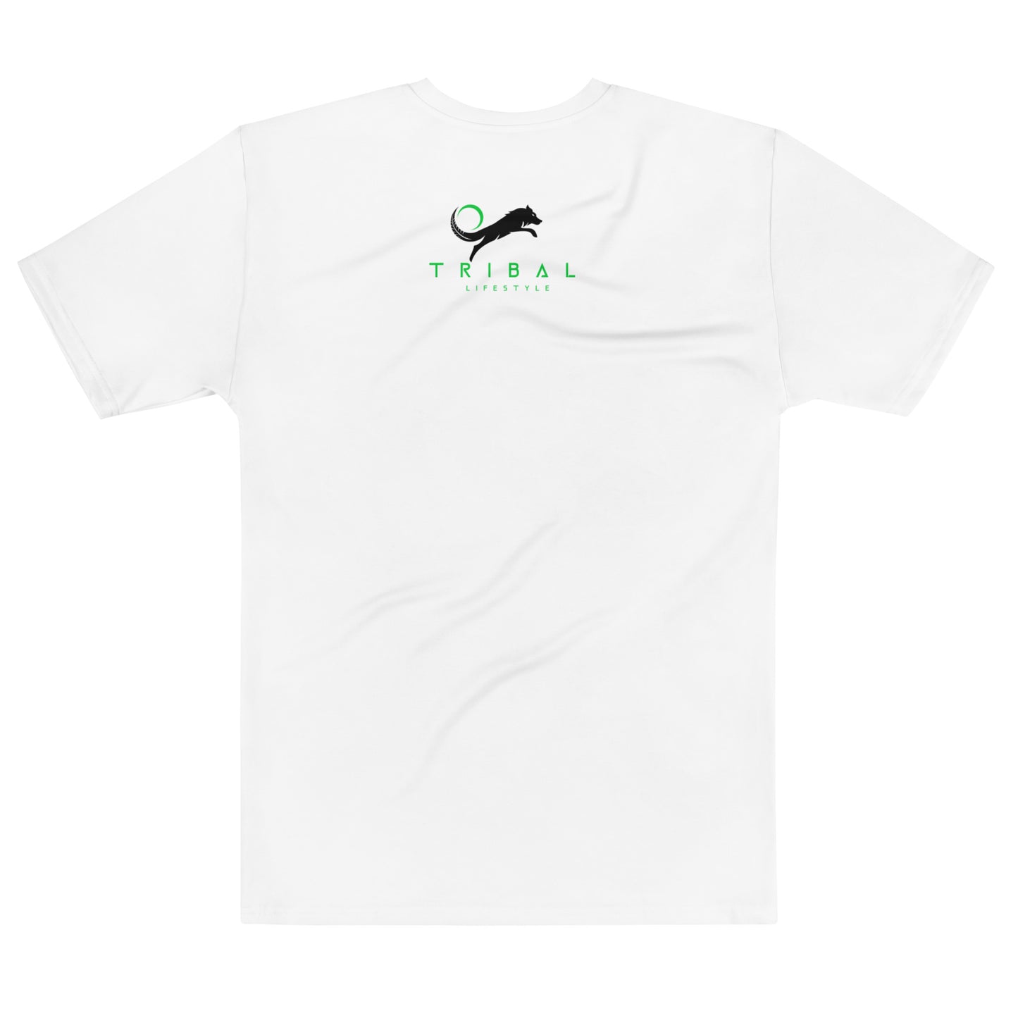 mens white athletic performance t-shirt with black wolf logo and green text on back