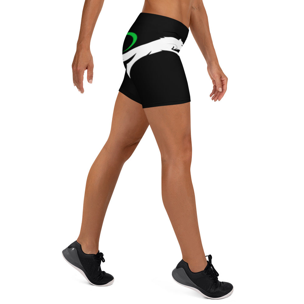 black womens performance shorts with white wolf logo on right hip