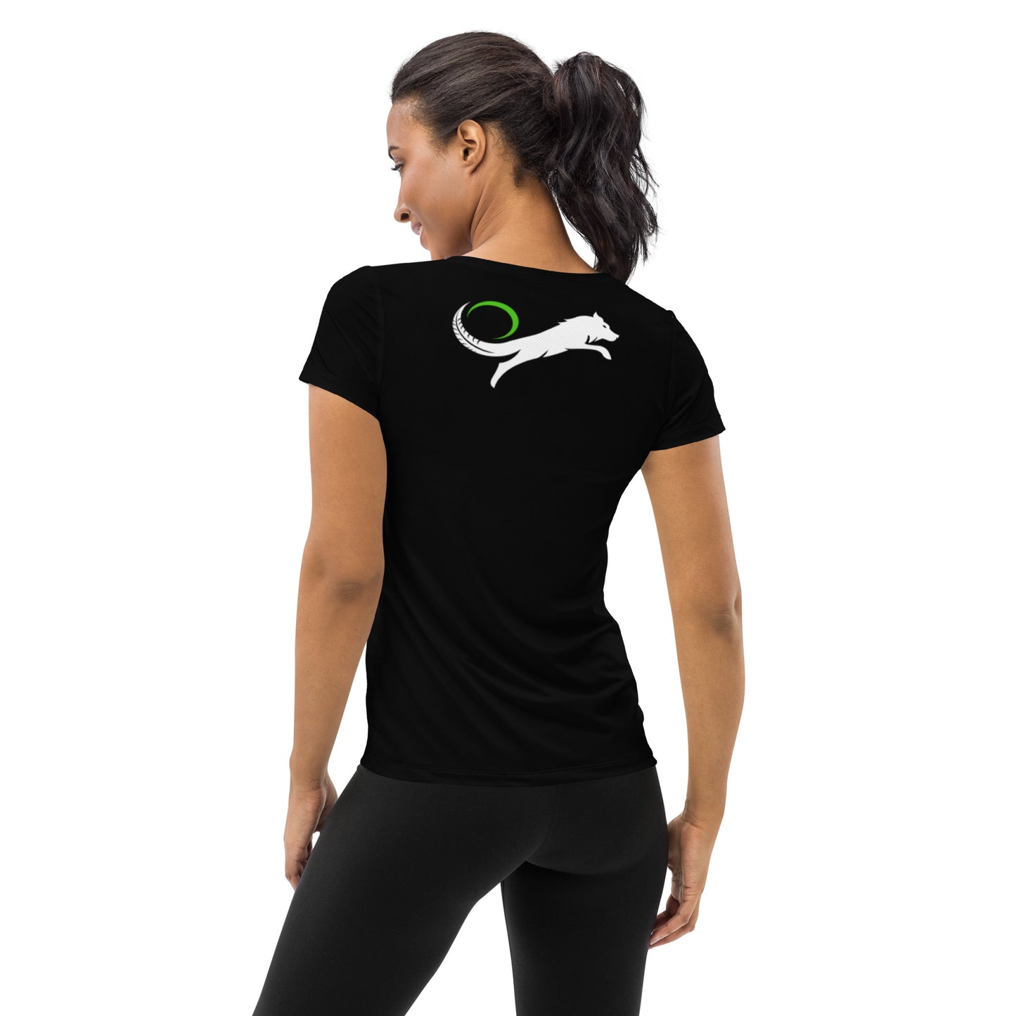 black athletic womens shirt with wolf logo on the back