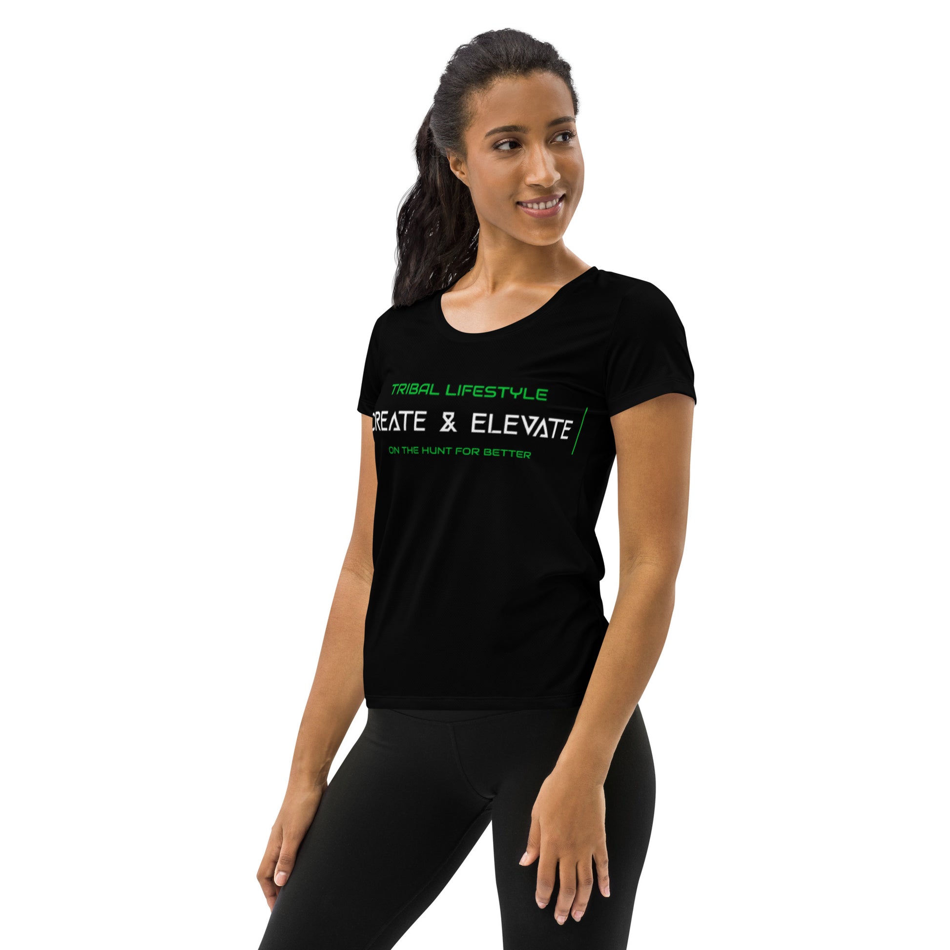 black athletic womens shirt with green and white text