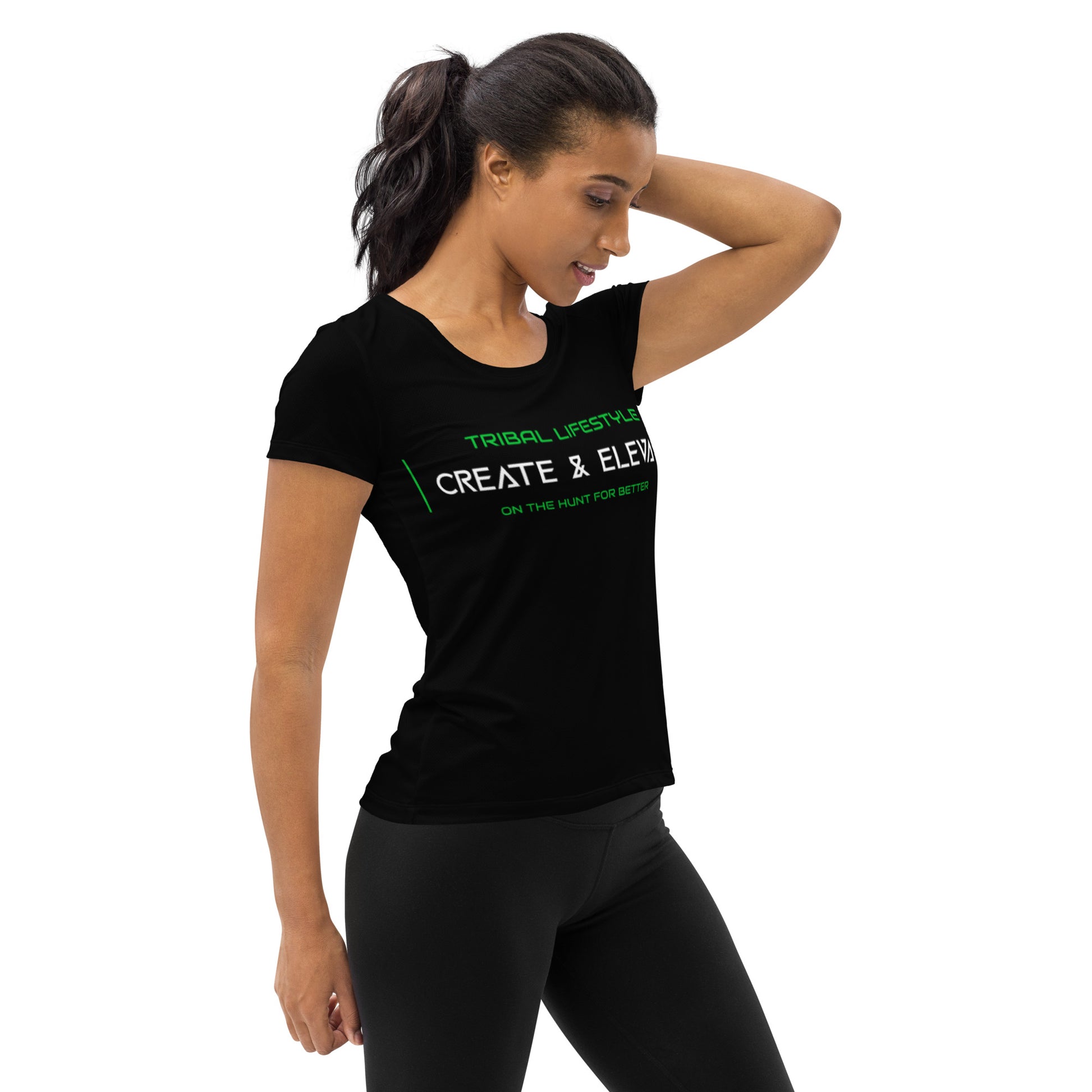 black athletic womens shirt with green and white text