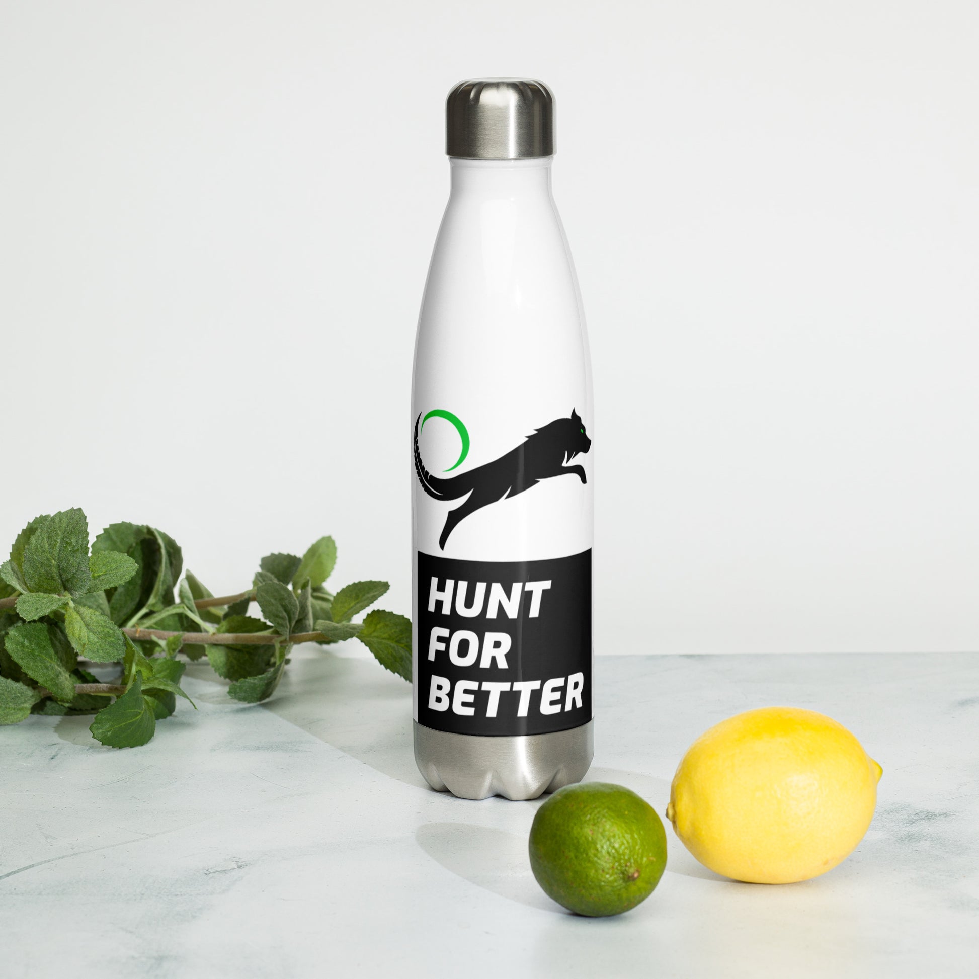 white water bottle with black wolf logo and hunt for better slogan