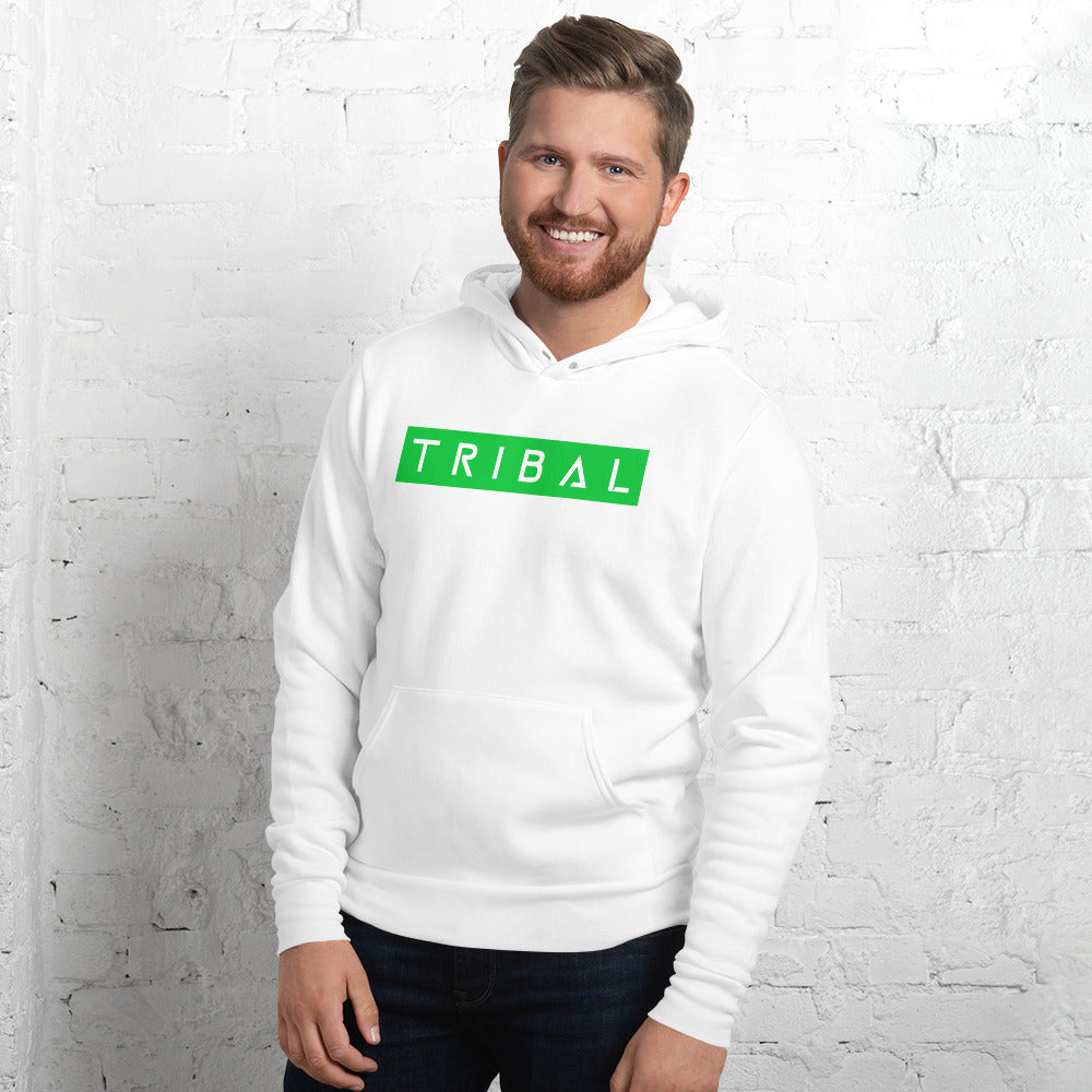 white pullover hoodie with tribal in green and white