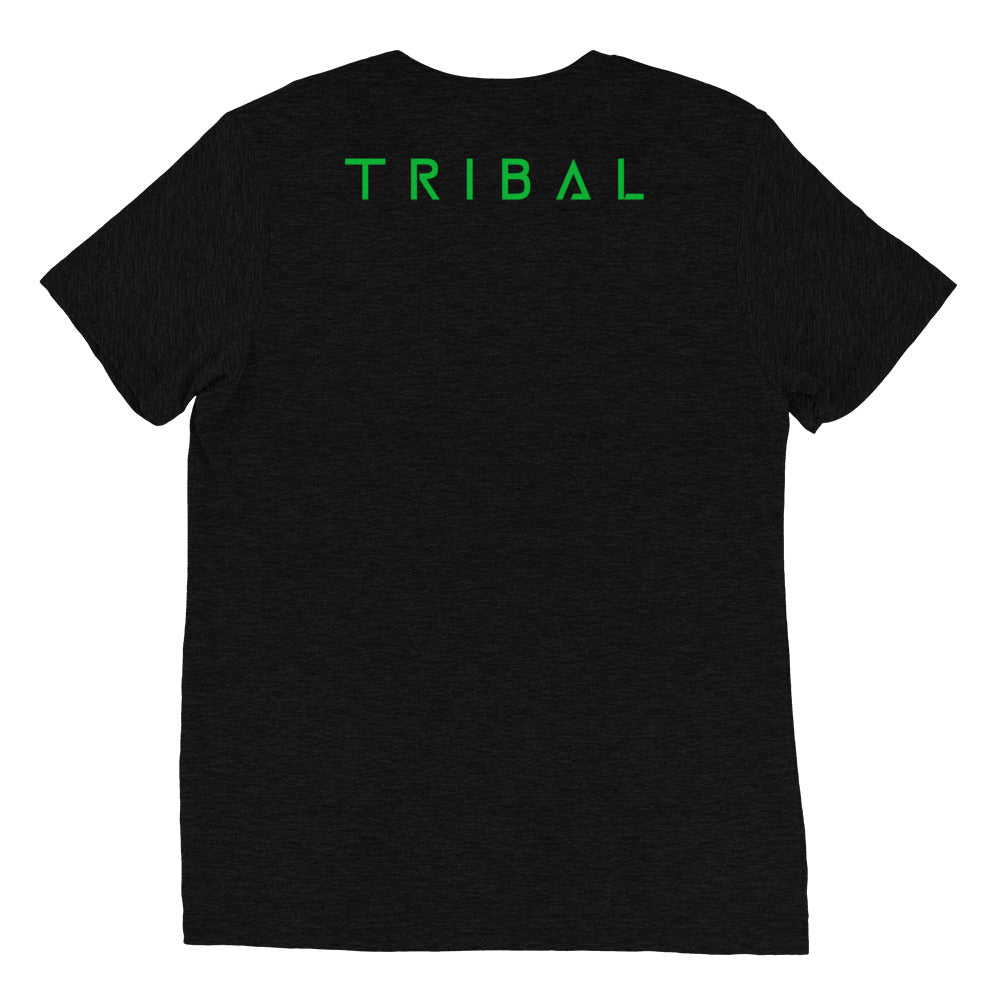 mens grey workout t-shirt with TRIBAL on the back in green