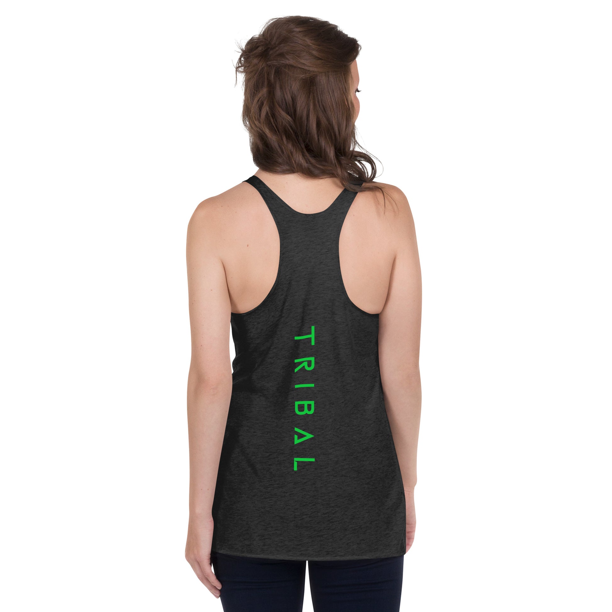 women's grey tank top with tribal text down the back